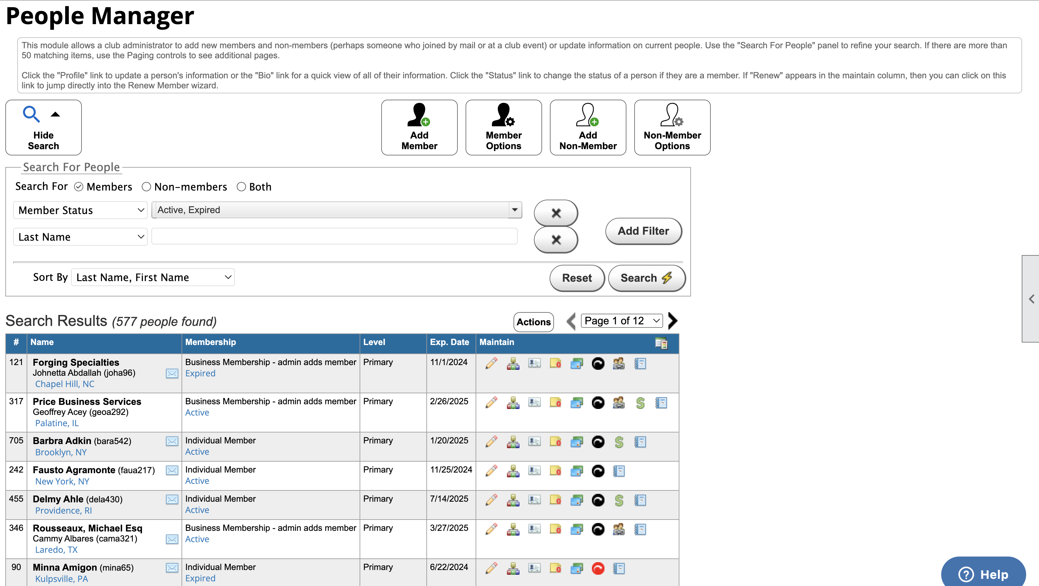 screenshot of ClubExpress