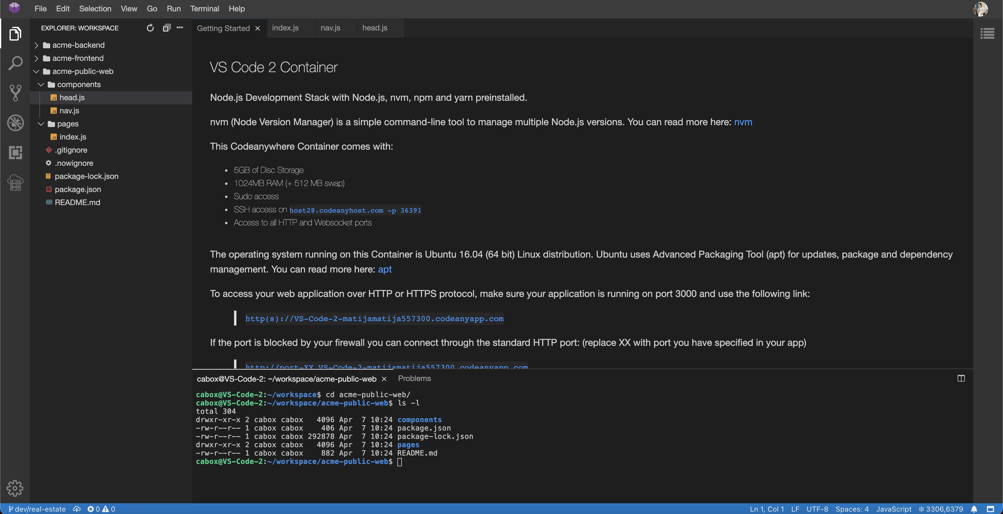 screenshot of Codeanywhere