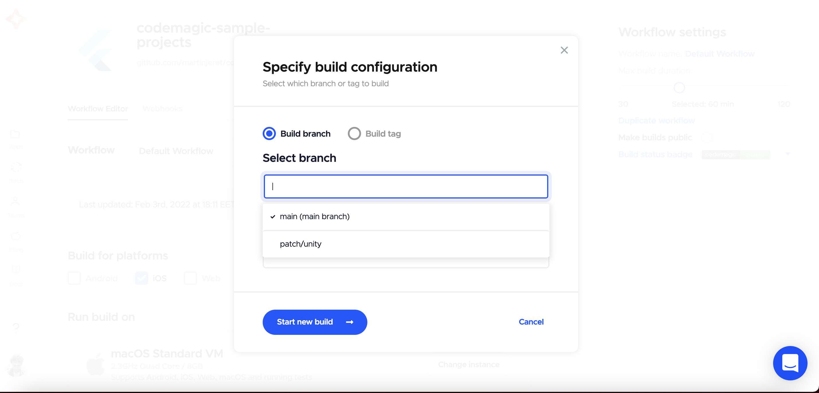 screenshot of Codemagic