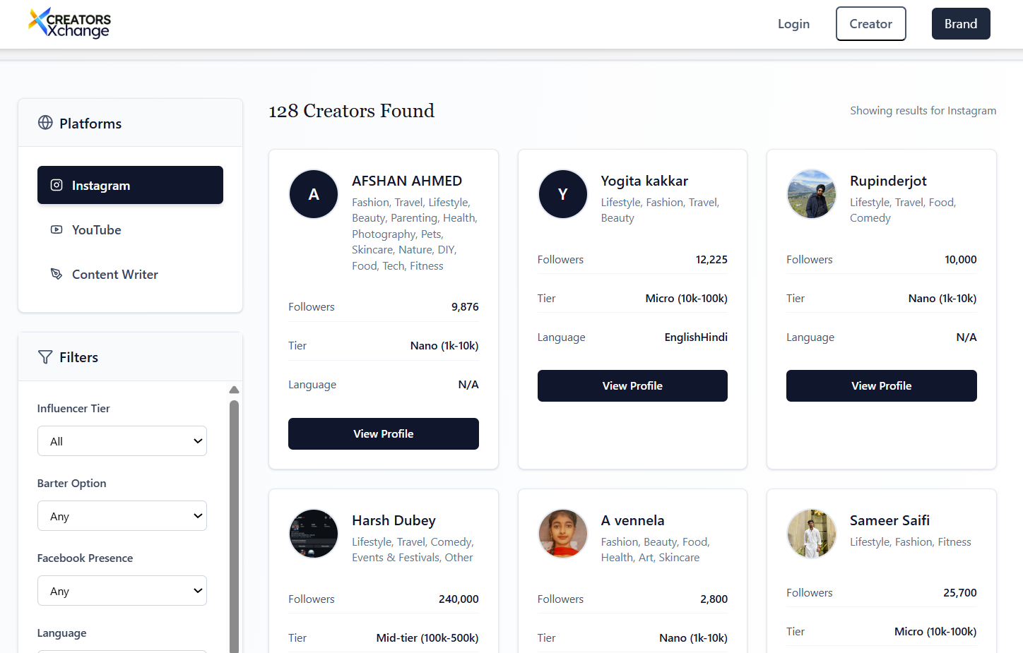 screenshot of CreatorsXchange
