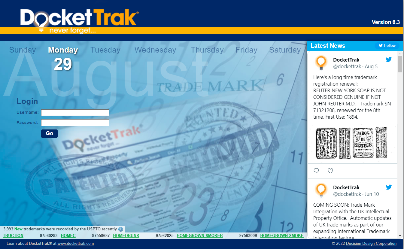screenshot of DocketTrak