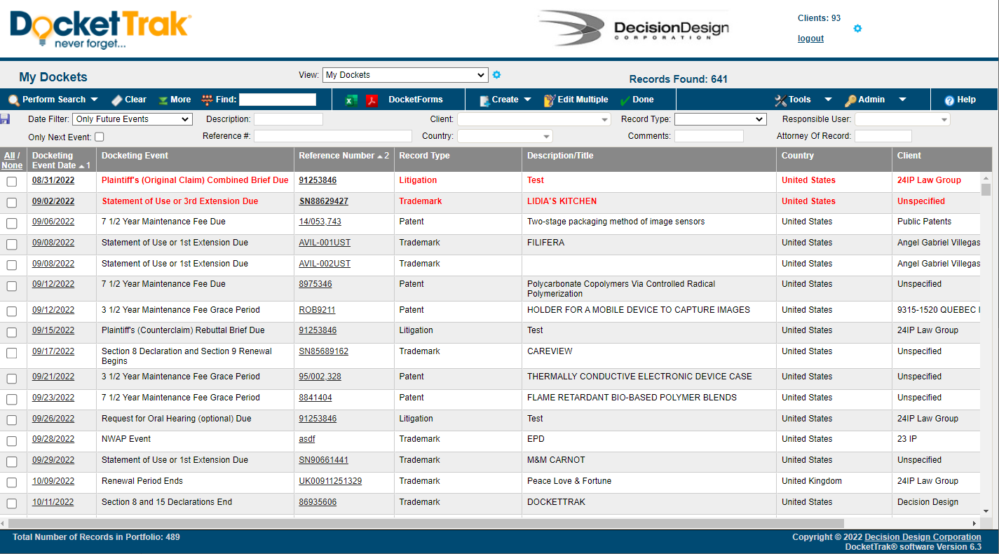 screenshot of DocketTrak