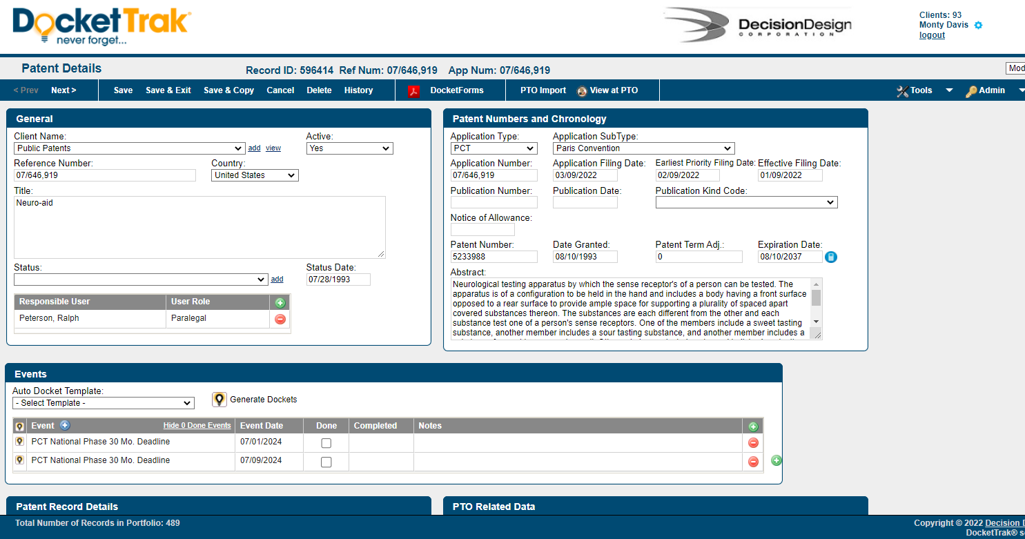 screenshot of DocketTrak