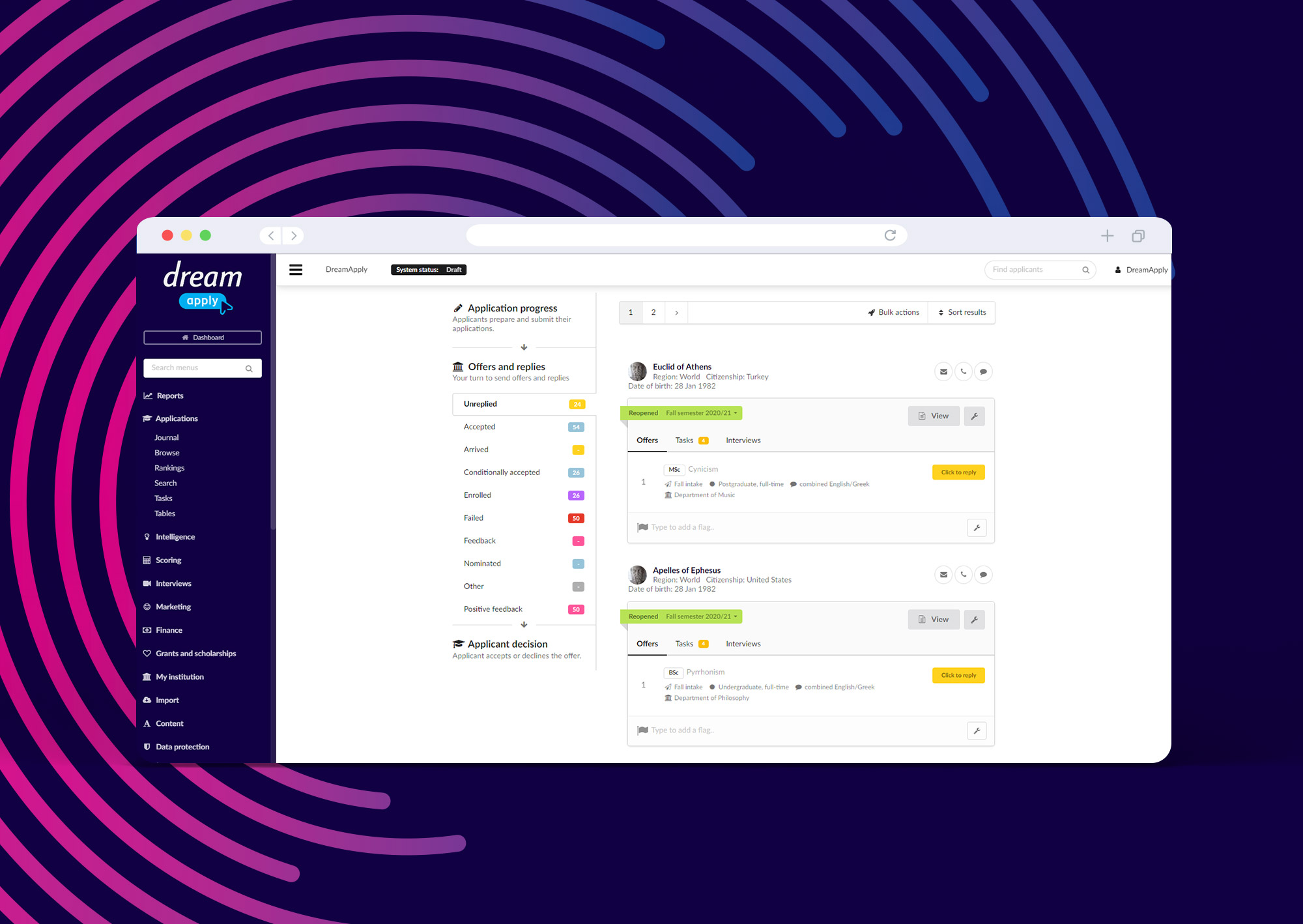 screenshot of DreamApply