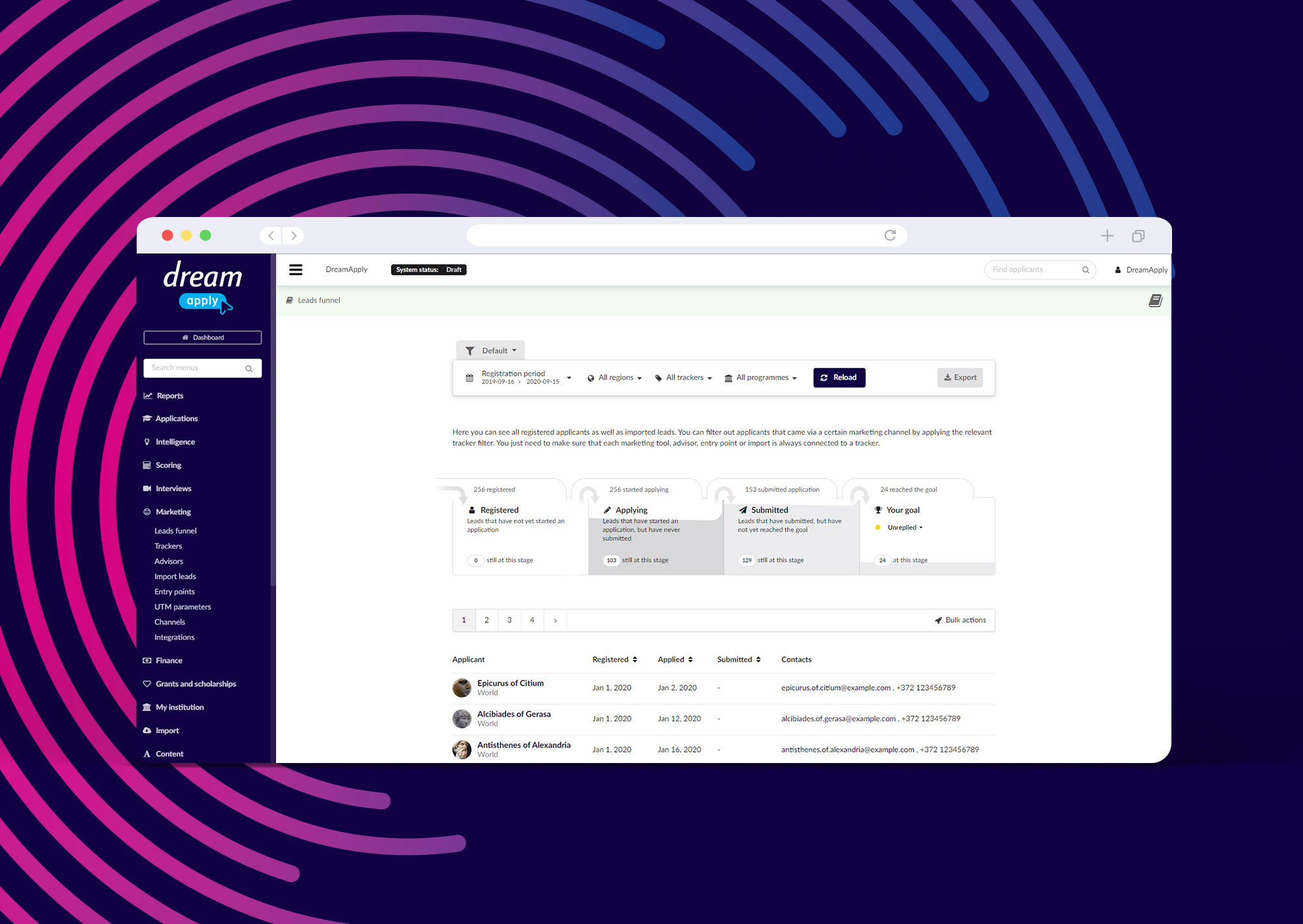 screenshot of DreamApply