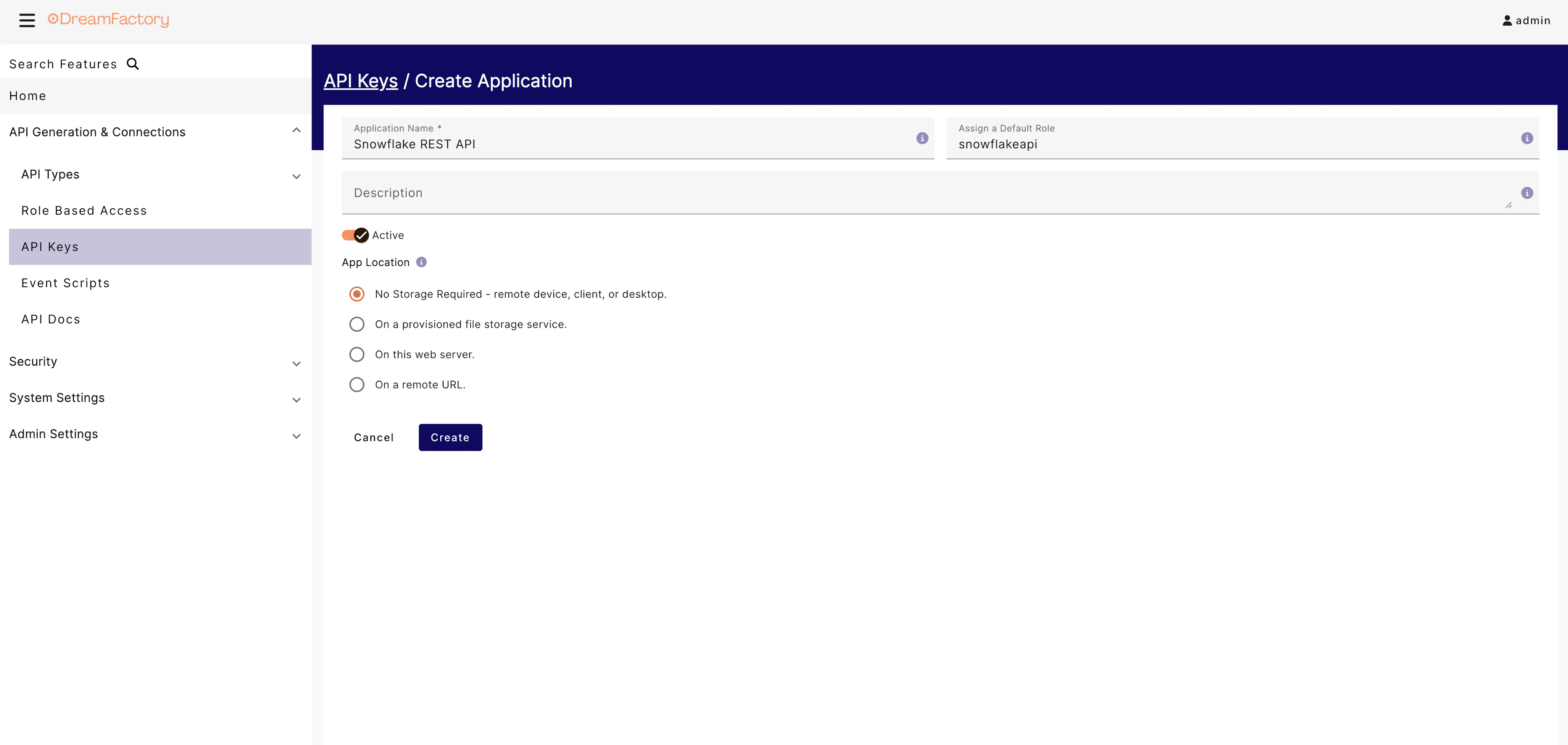 screenshot of DreamFactory