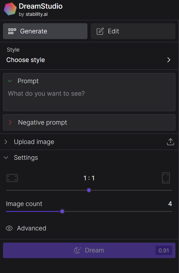 screenshot of DreamStudio