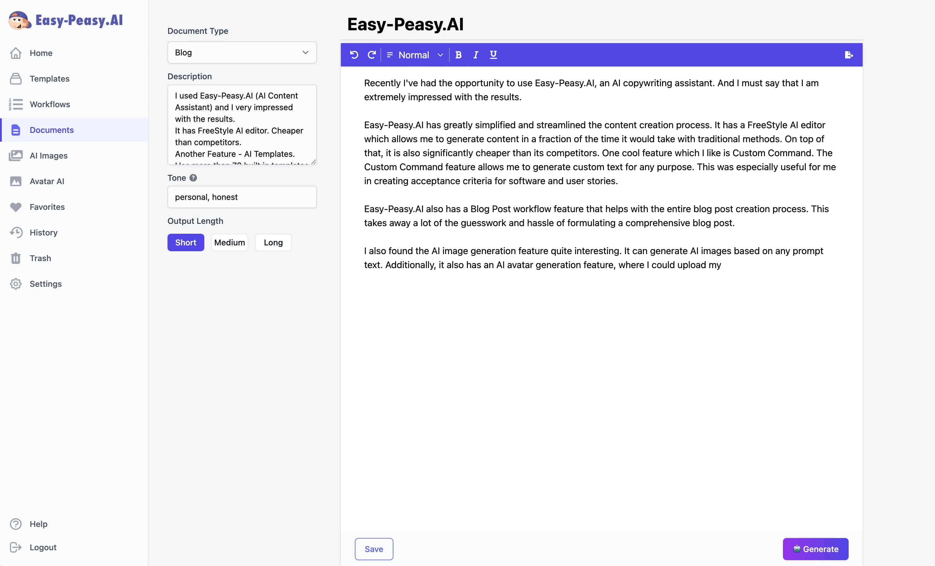 screenshot of Easy-Peasy.AI