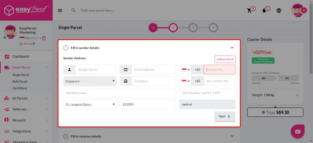 screenshot of EasyParcel