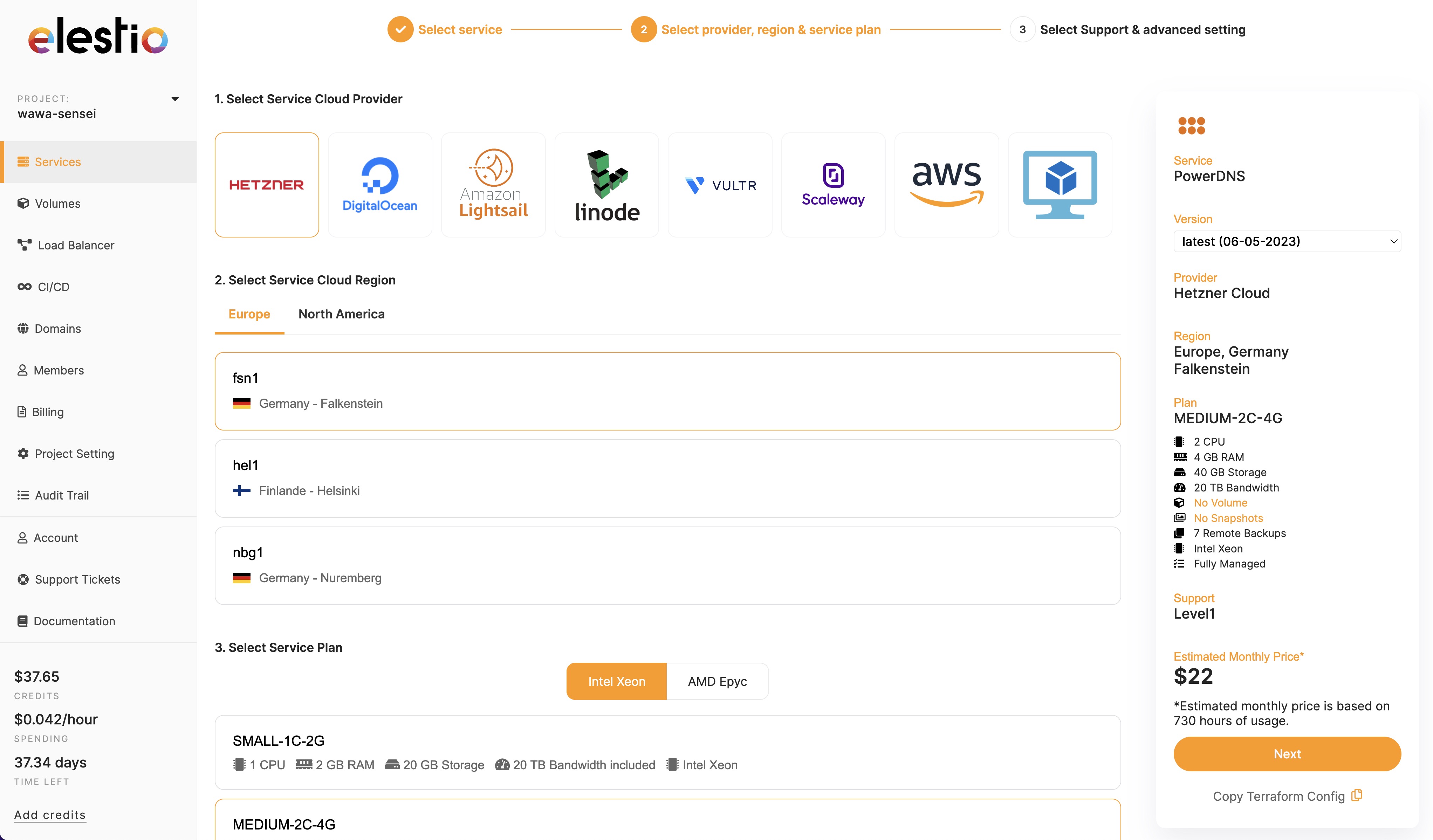 screenshot of Elestio
