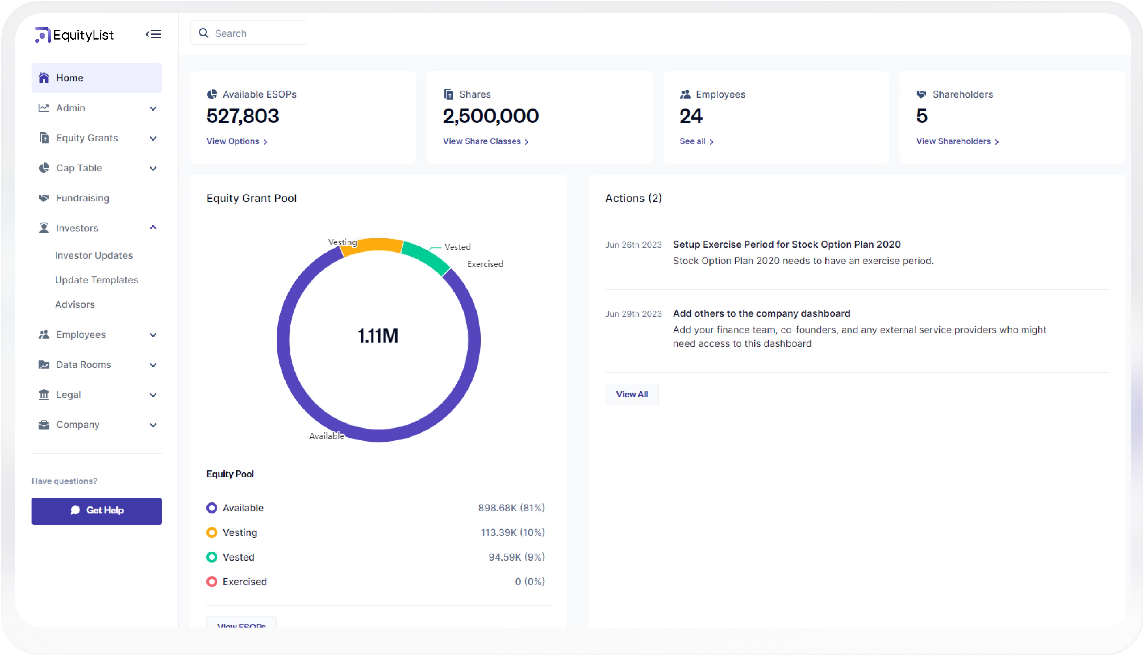 screenshot of EquityList