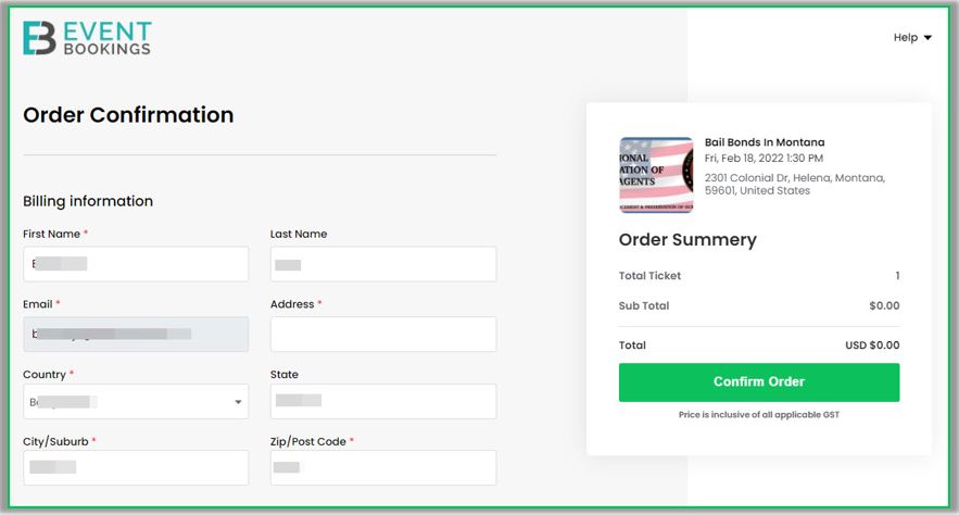 screenshot of EventBookings