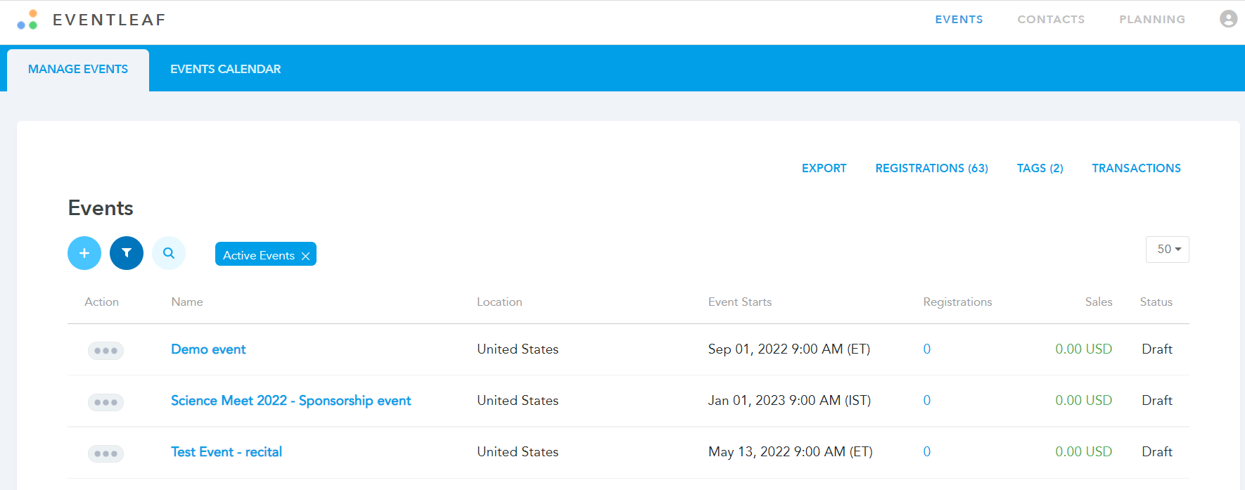 screenshot of Eventleaf
