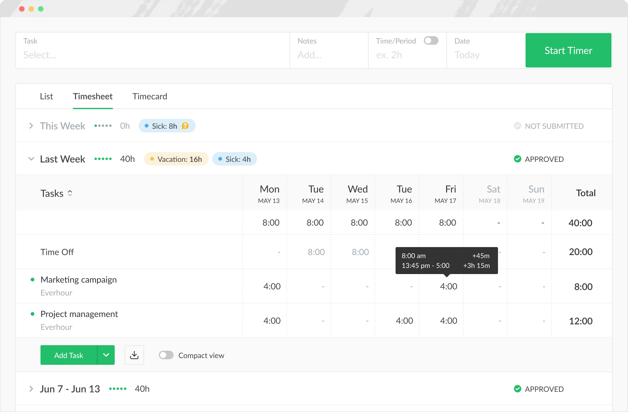 screenshot of Everhour