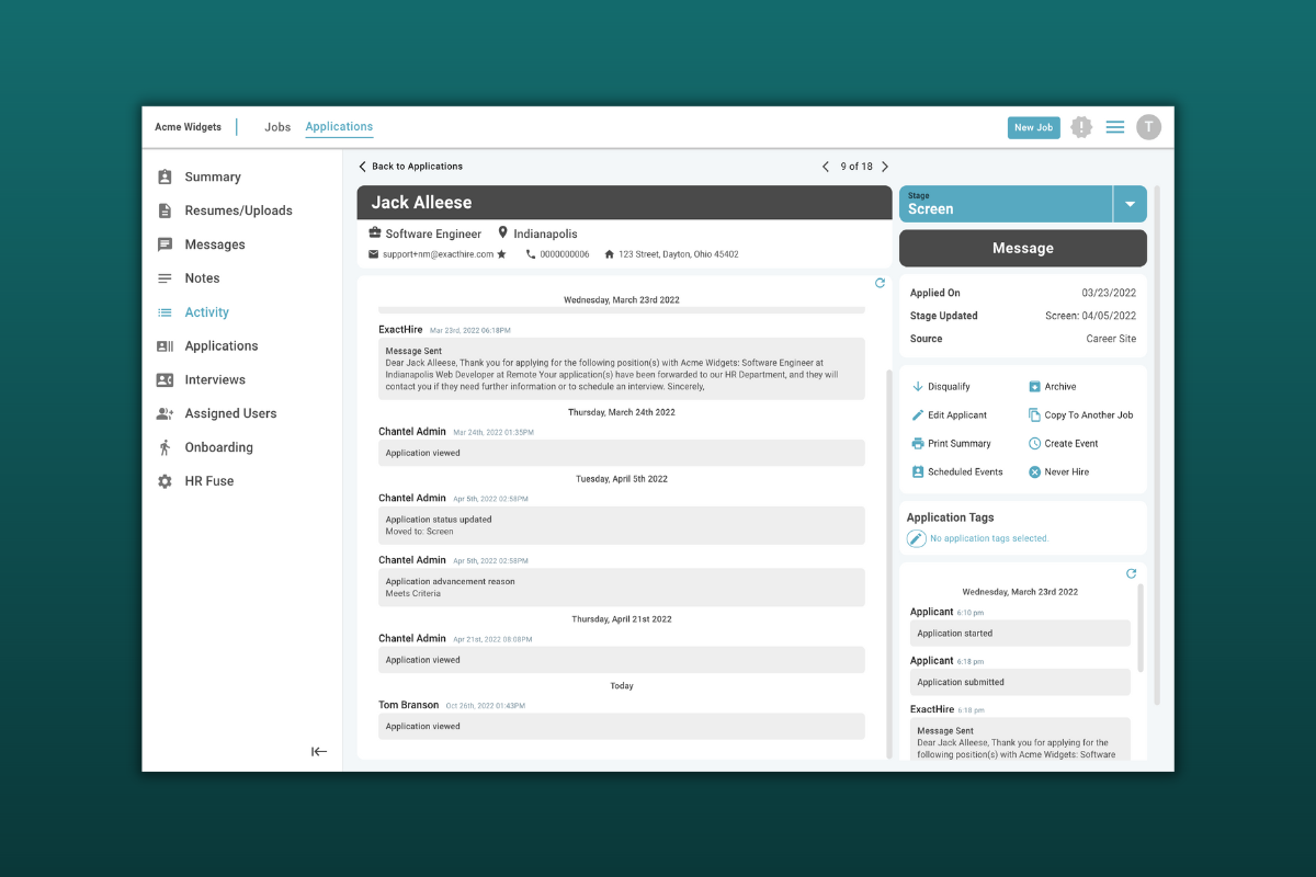 screenshot of ExactHire