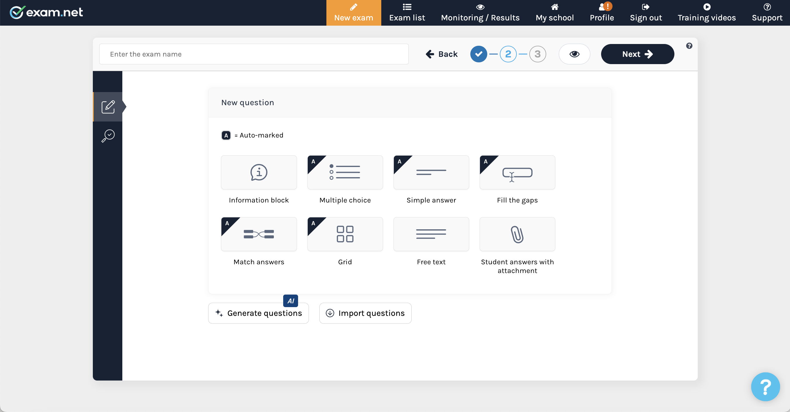 screenshot of Exam.net