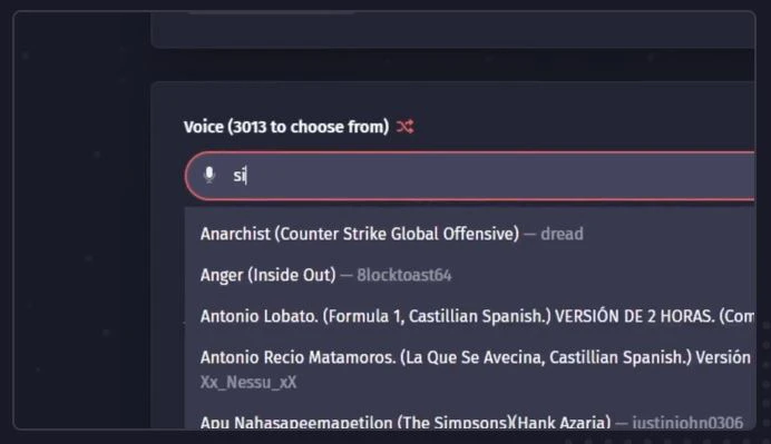 screenshot of FakeYou