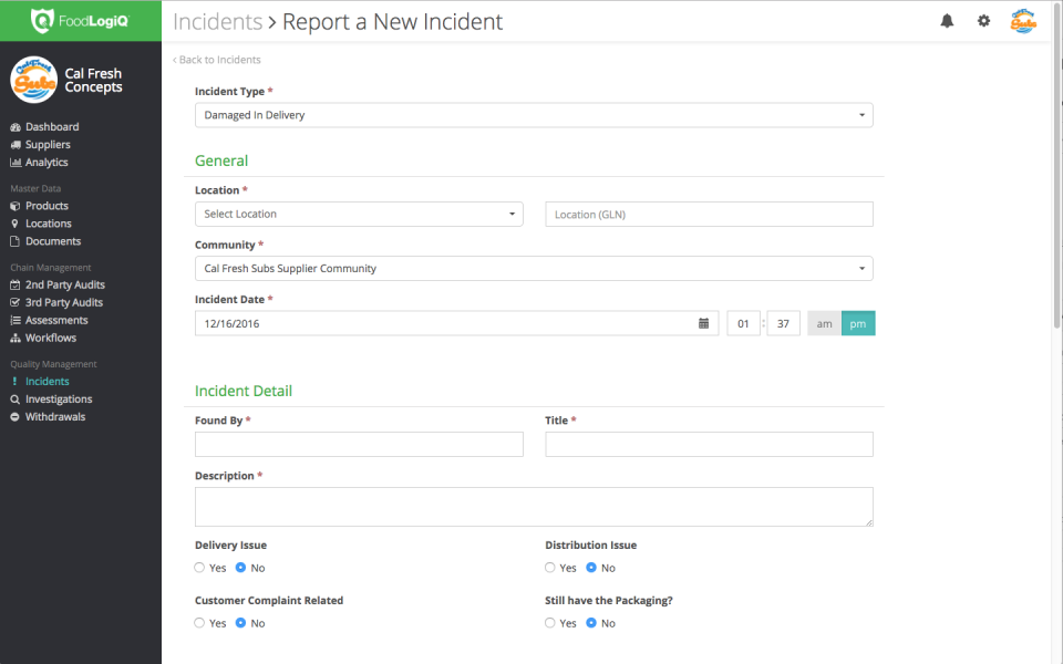 screenshot of FoodLogiQ