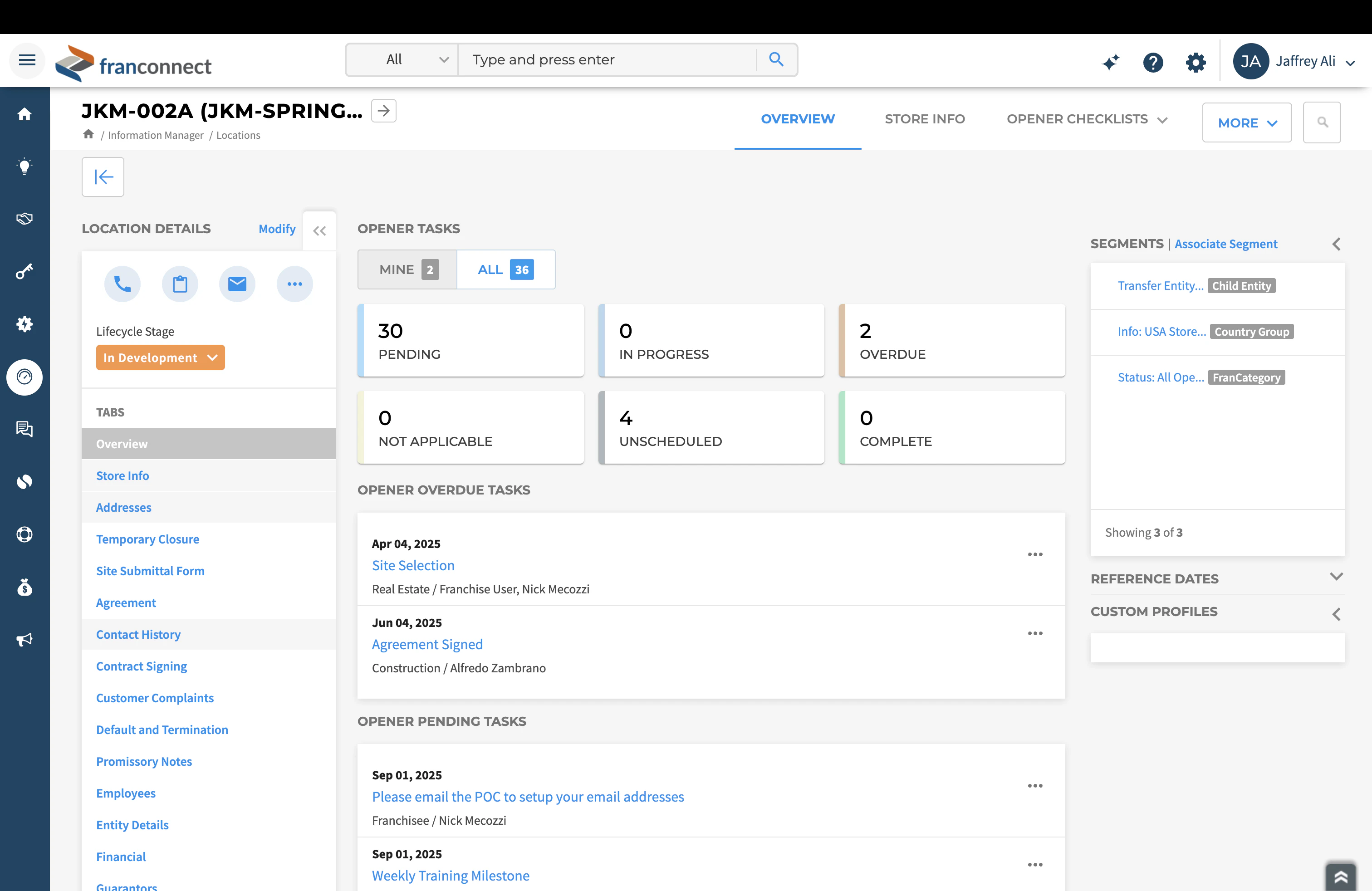 screenshot of FranConnect