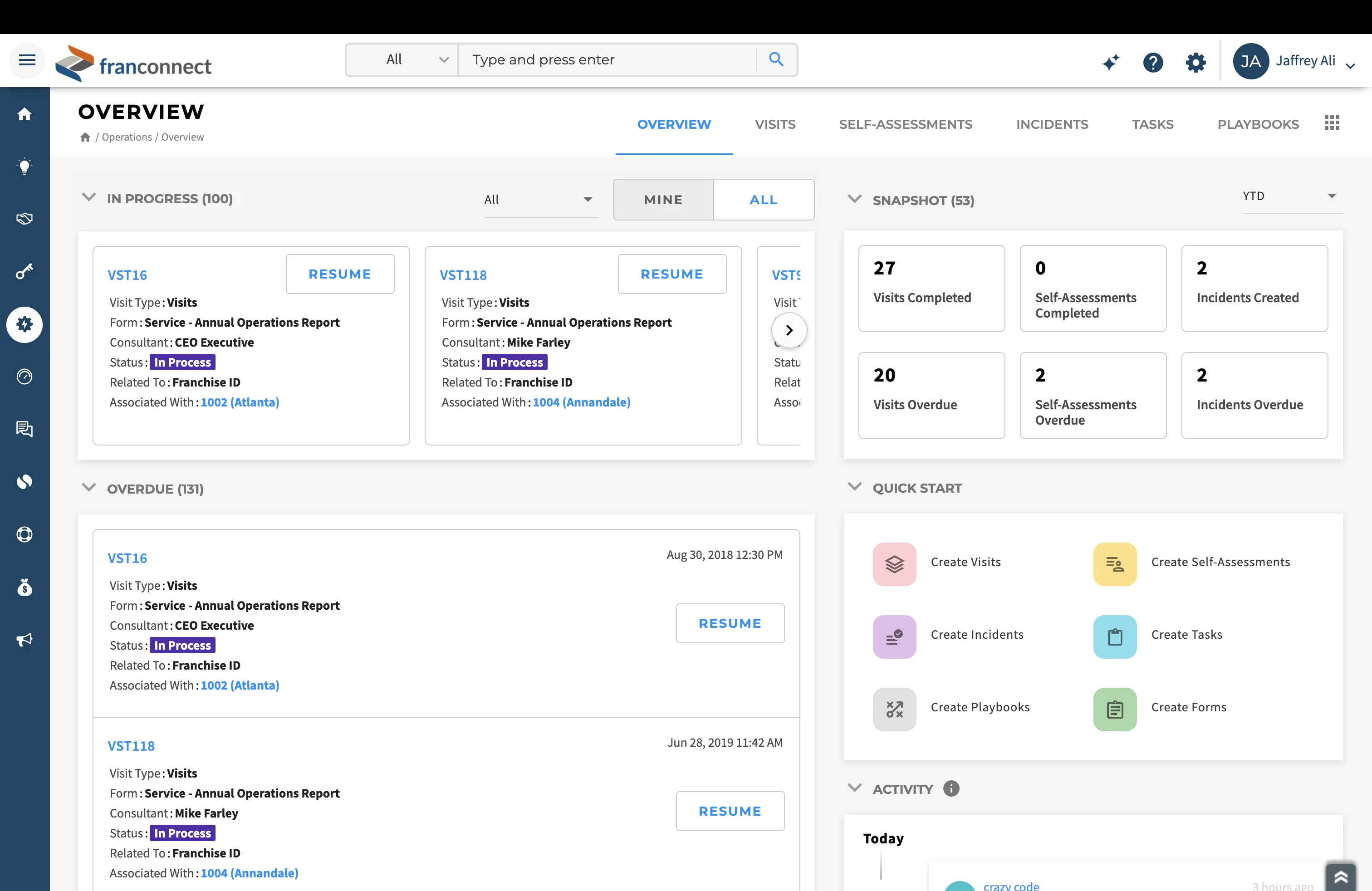 screenshot of FranConnect