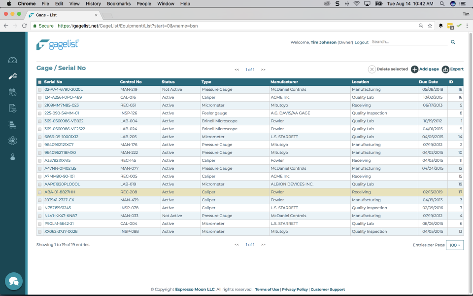screenshot of GageList