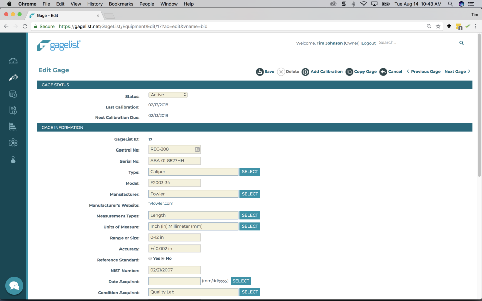 screenshot of GageList