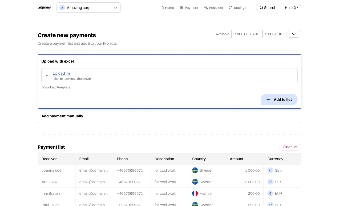 screenshot of Gigapay