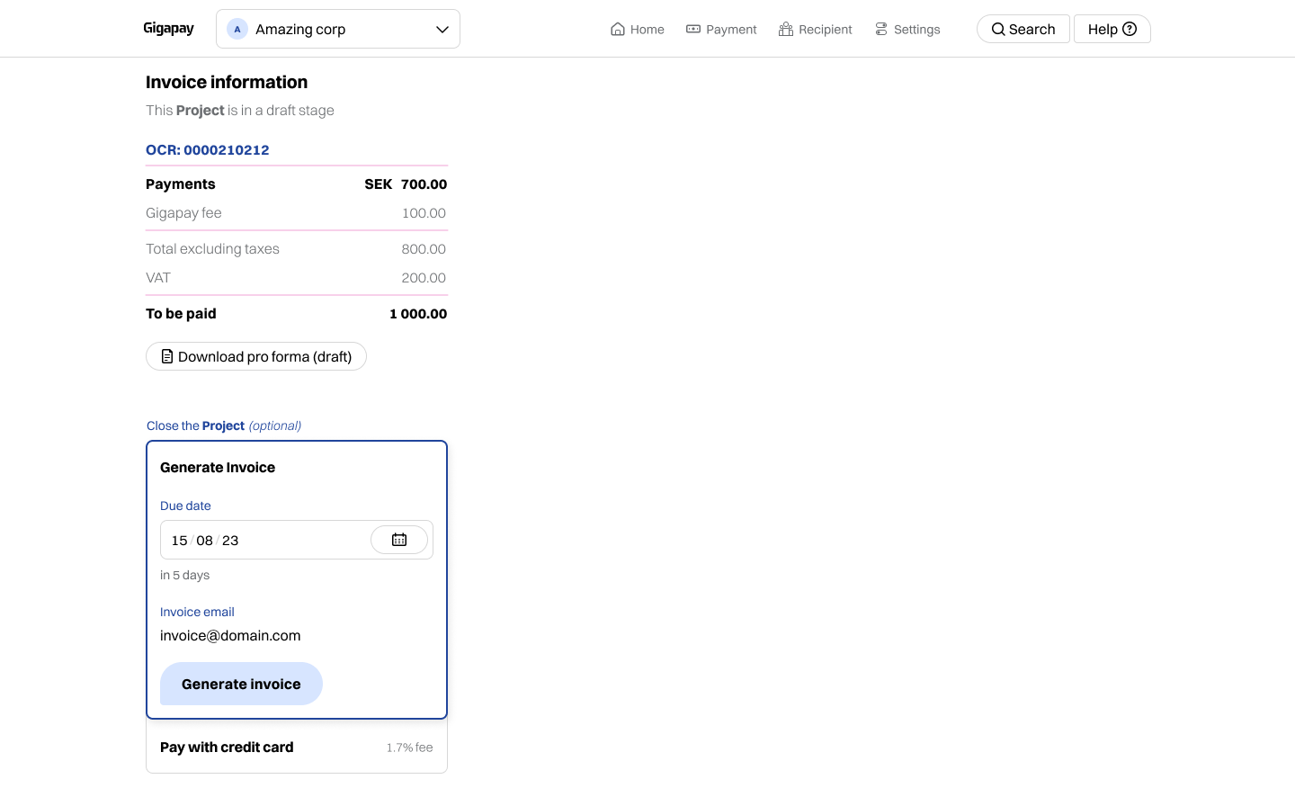 screenshot of Gigapay