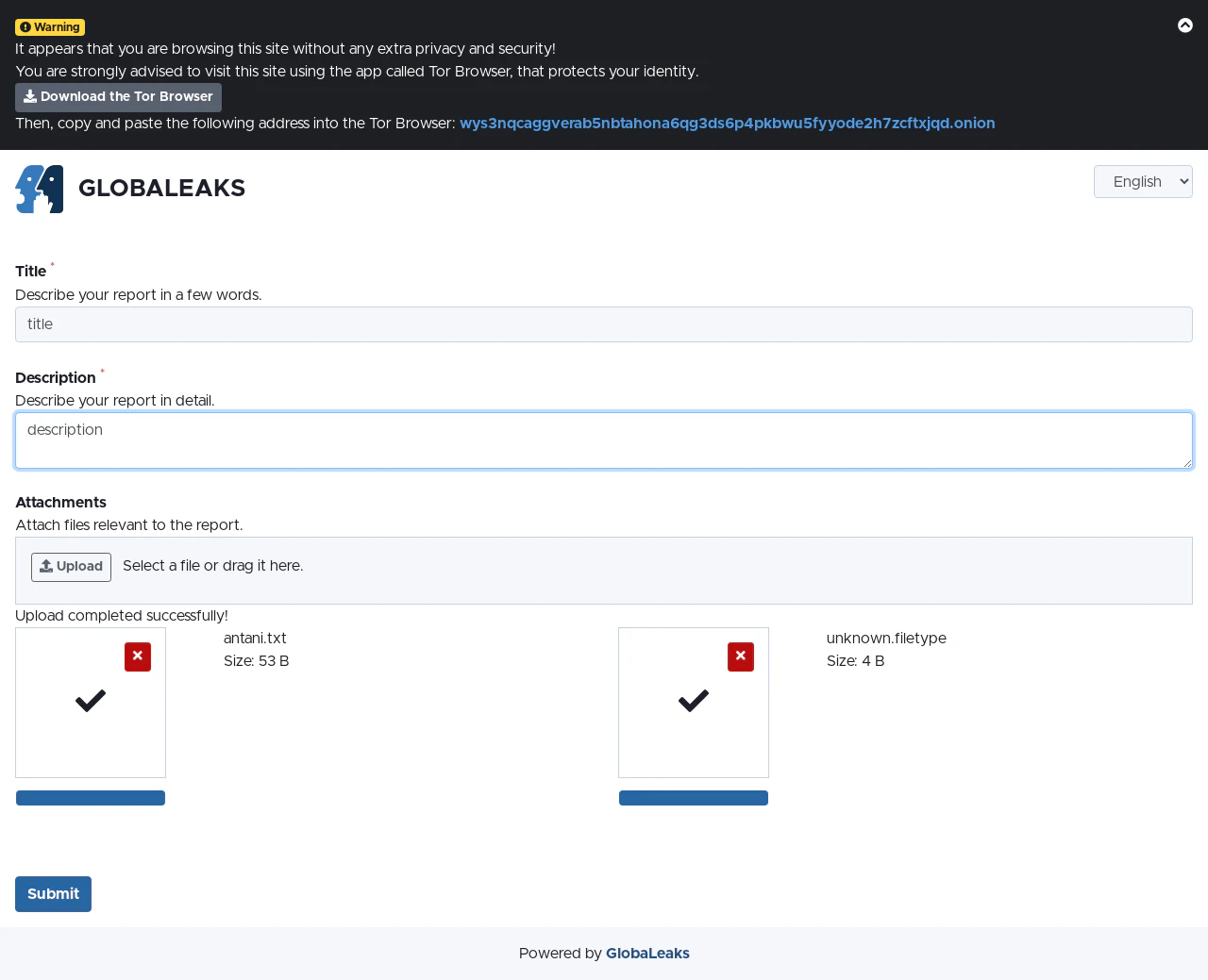 screenshot of GlobaLeaks