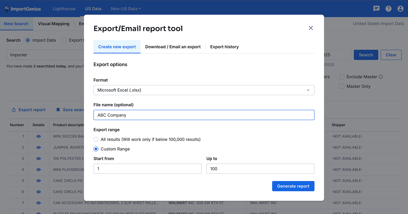 screenshot of ImportGenius
