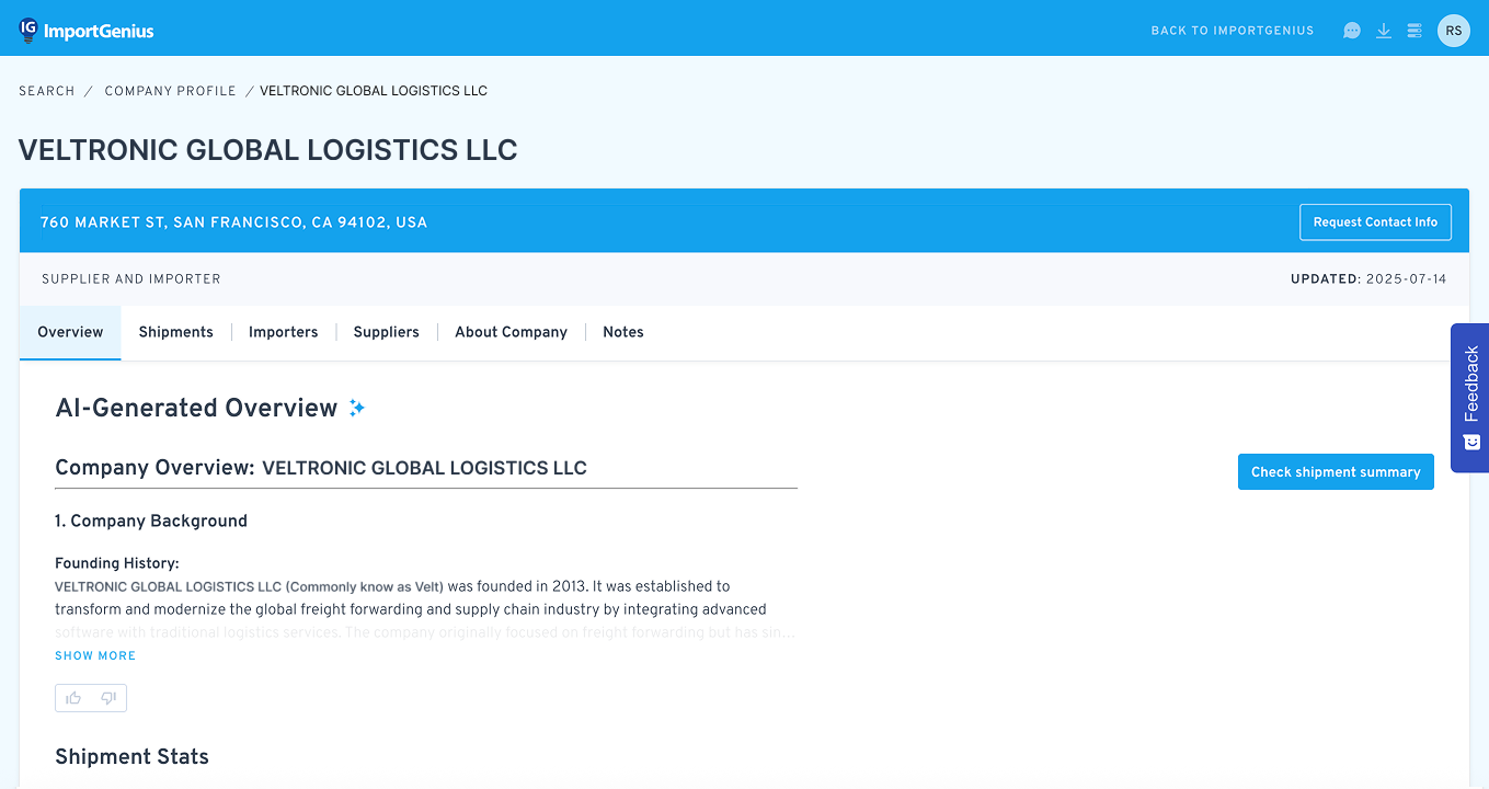 screenshot of ImportGenius