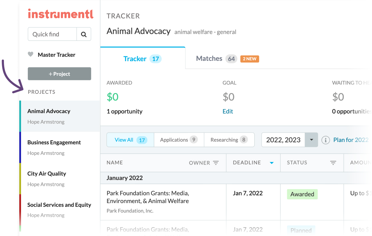 screenshot of Instrumentl