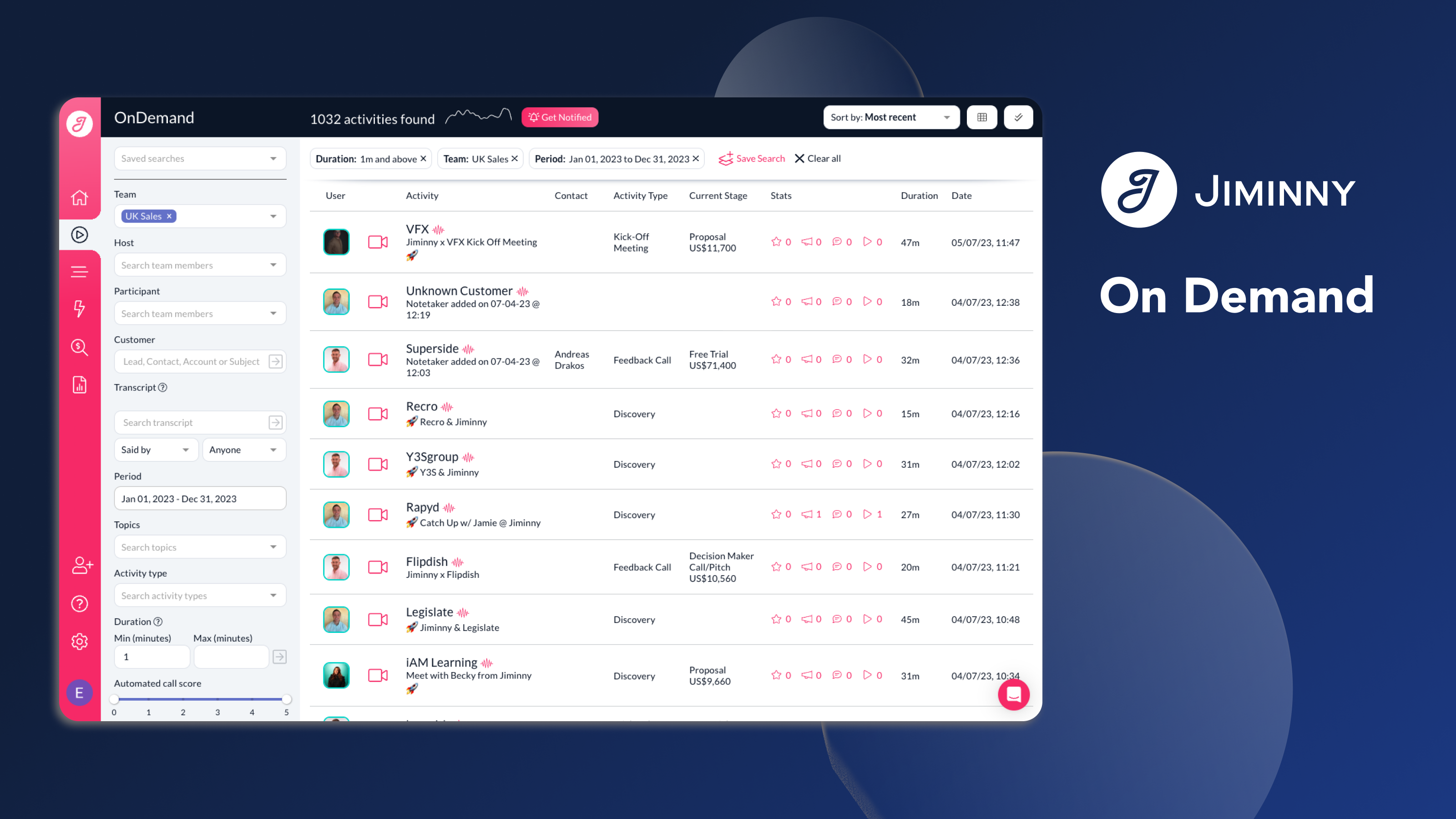 screenshot of Jiminny