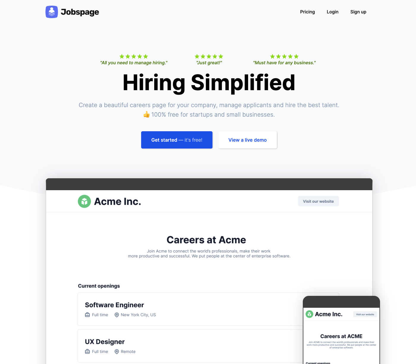 screenshot of Jobspage