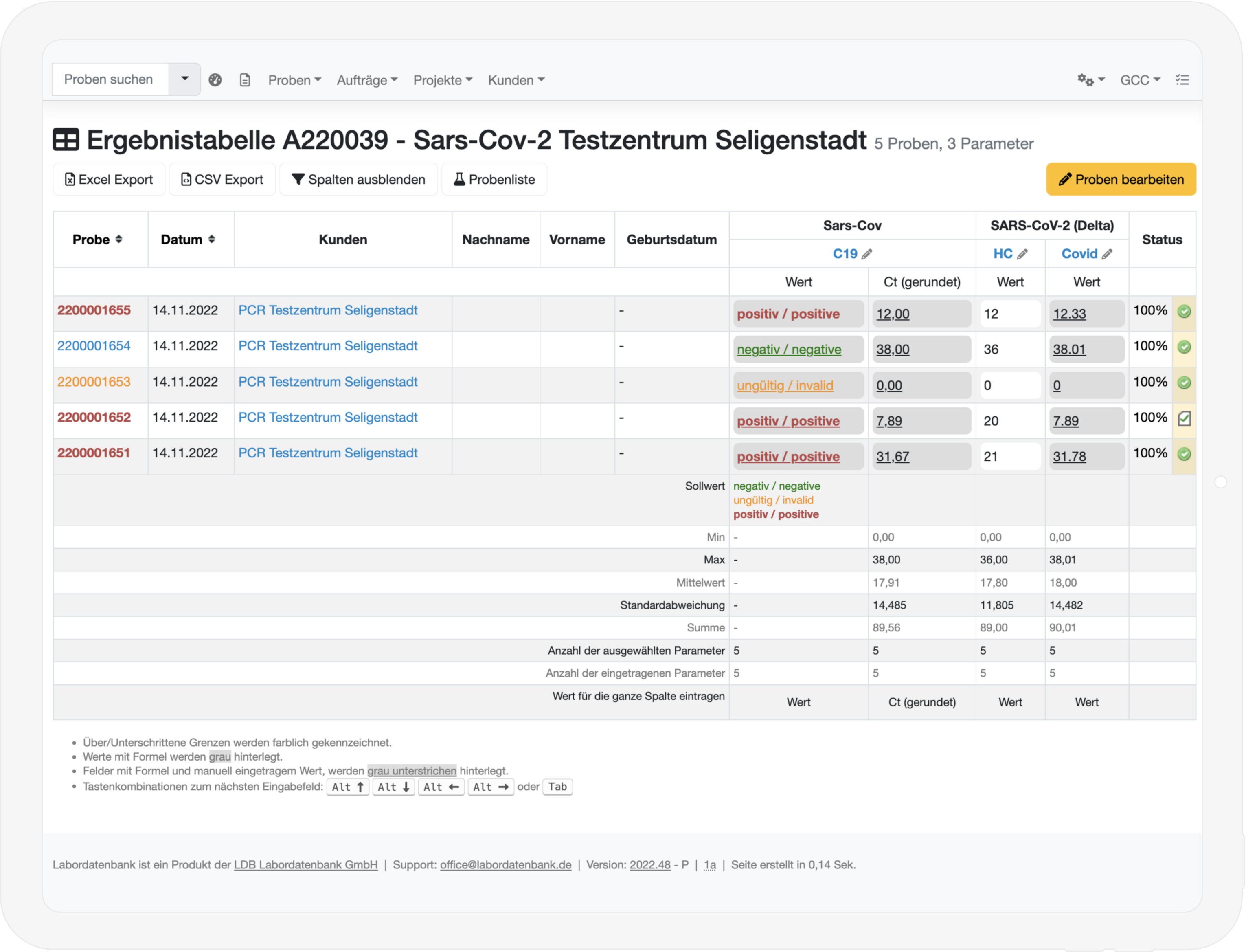 screenshot of Labordatenbank