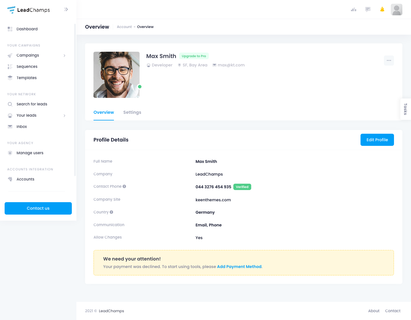 screenshot of LeadChamps
