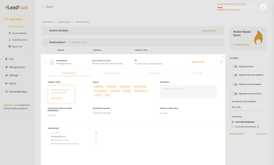 screenshot of LeadFuze