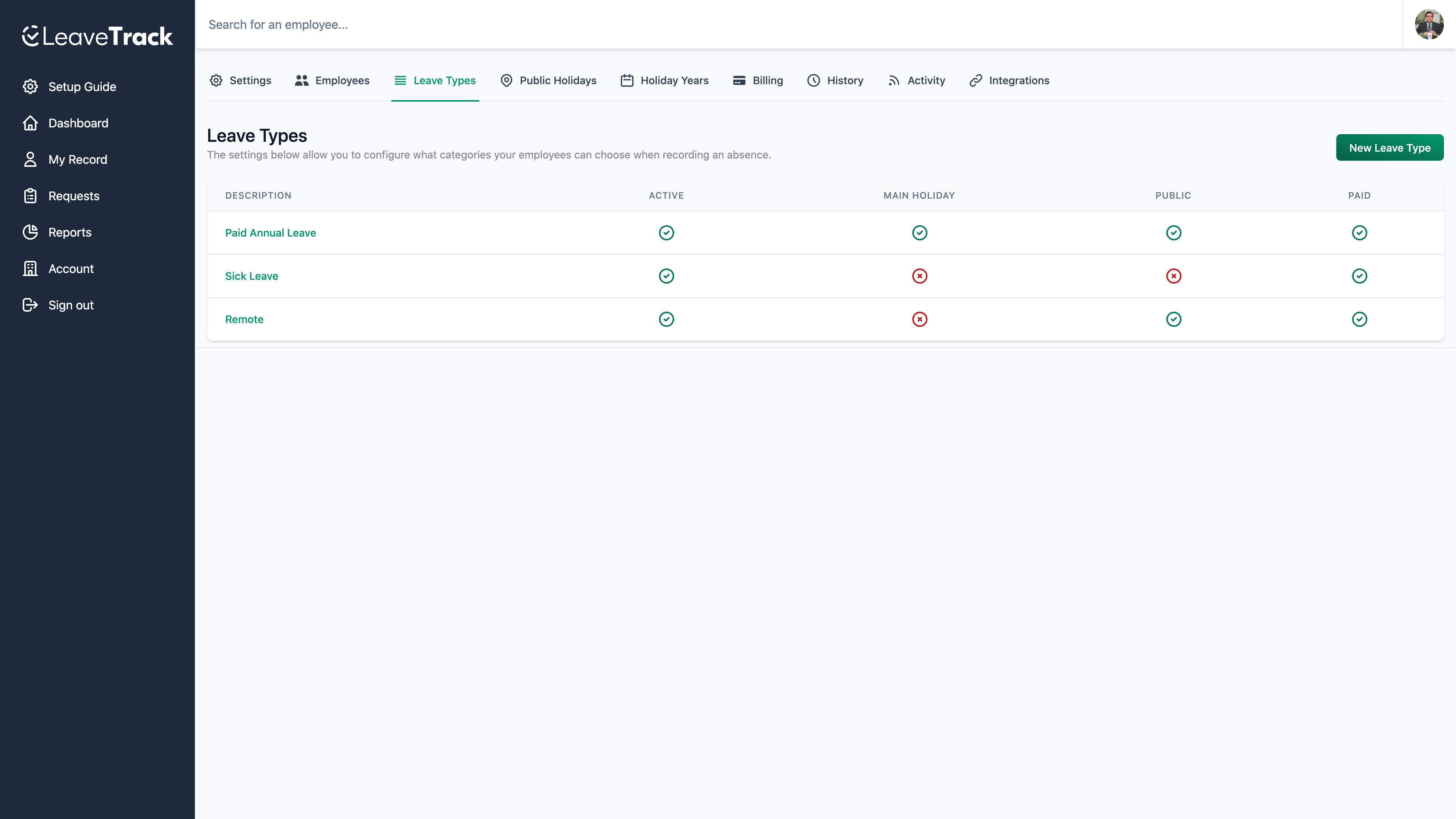 screenshot of Leavetrack