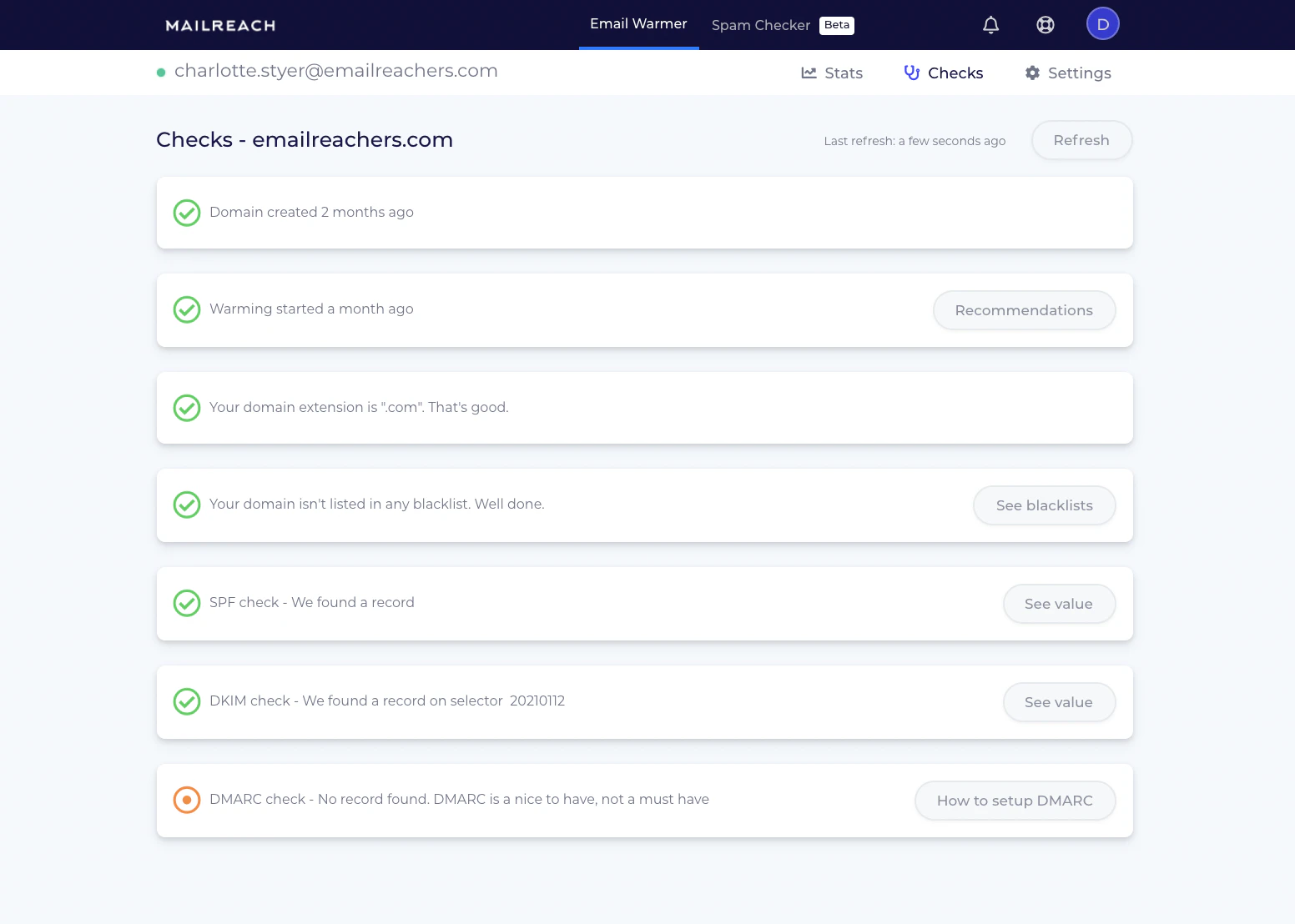 screenshot of MailReach