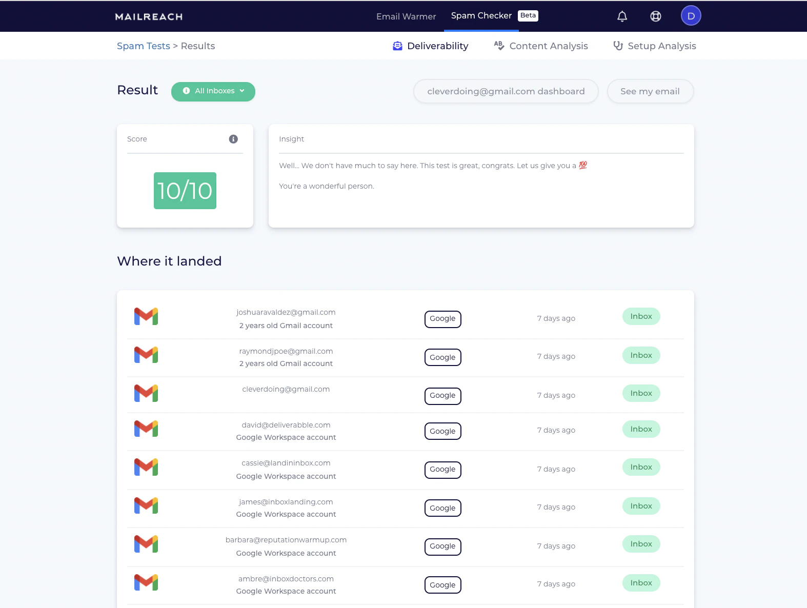 screenshot of MailReach