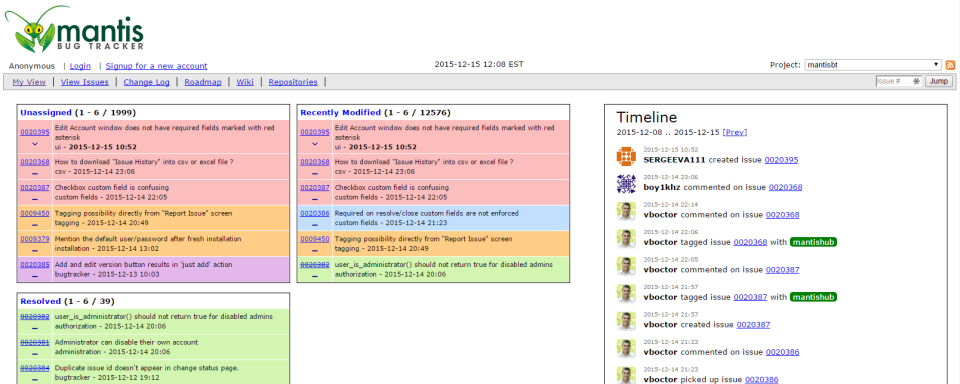 screenshot of MantisBT