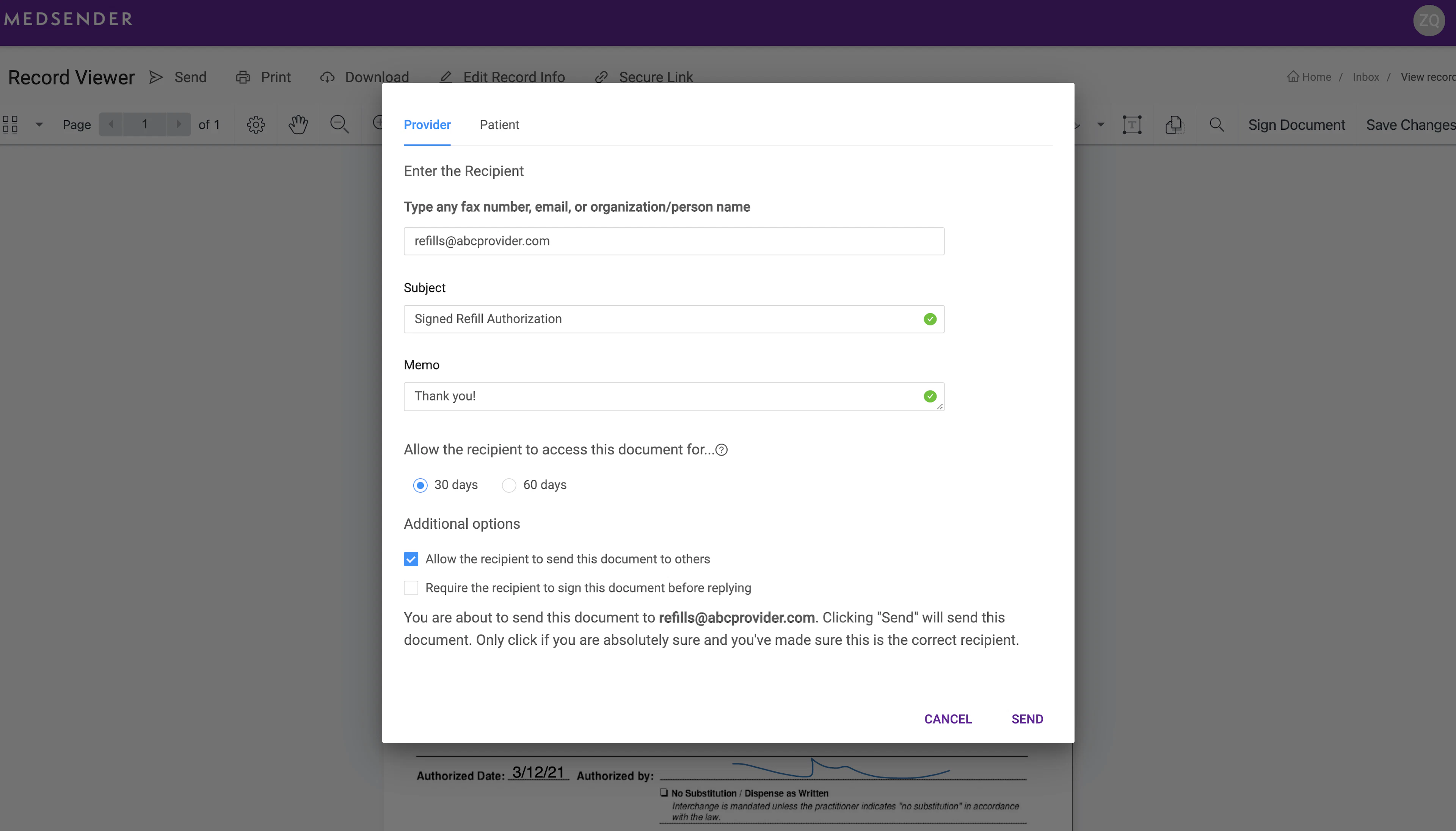 screenshot of Medsender