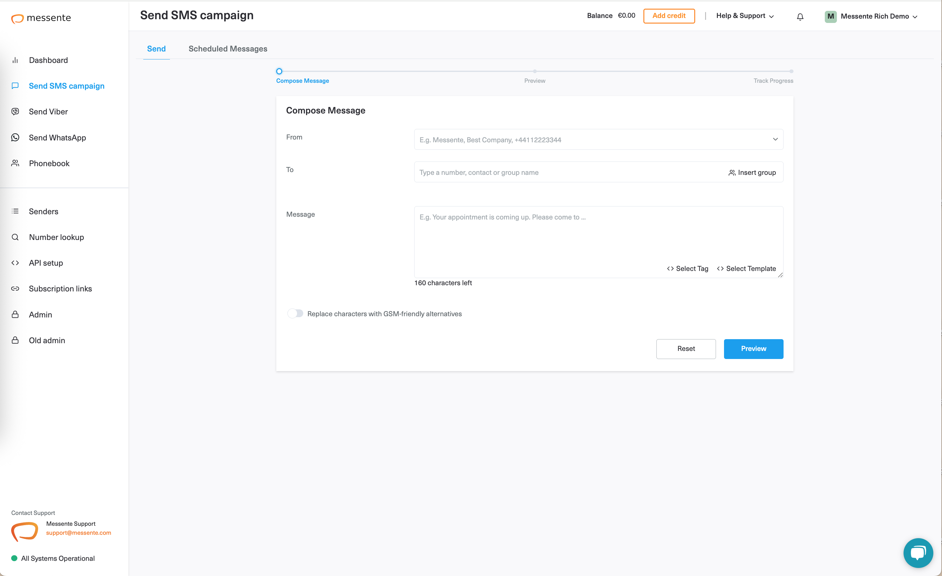 screenshot of Messente