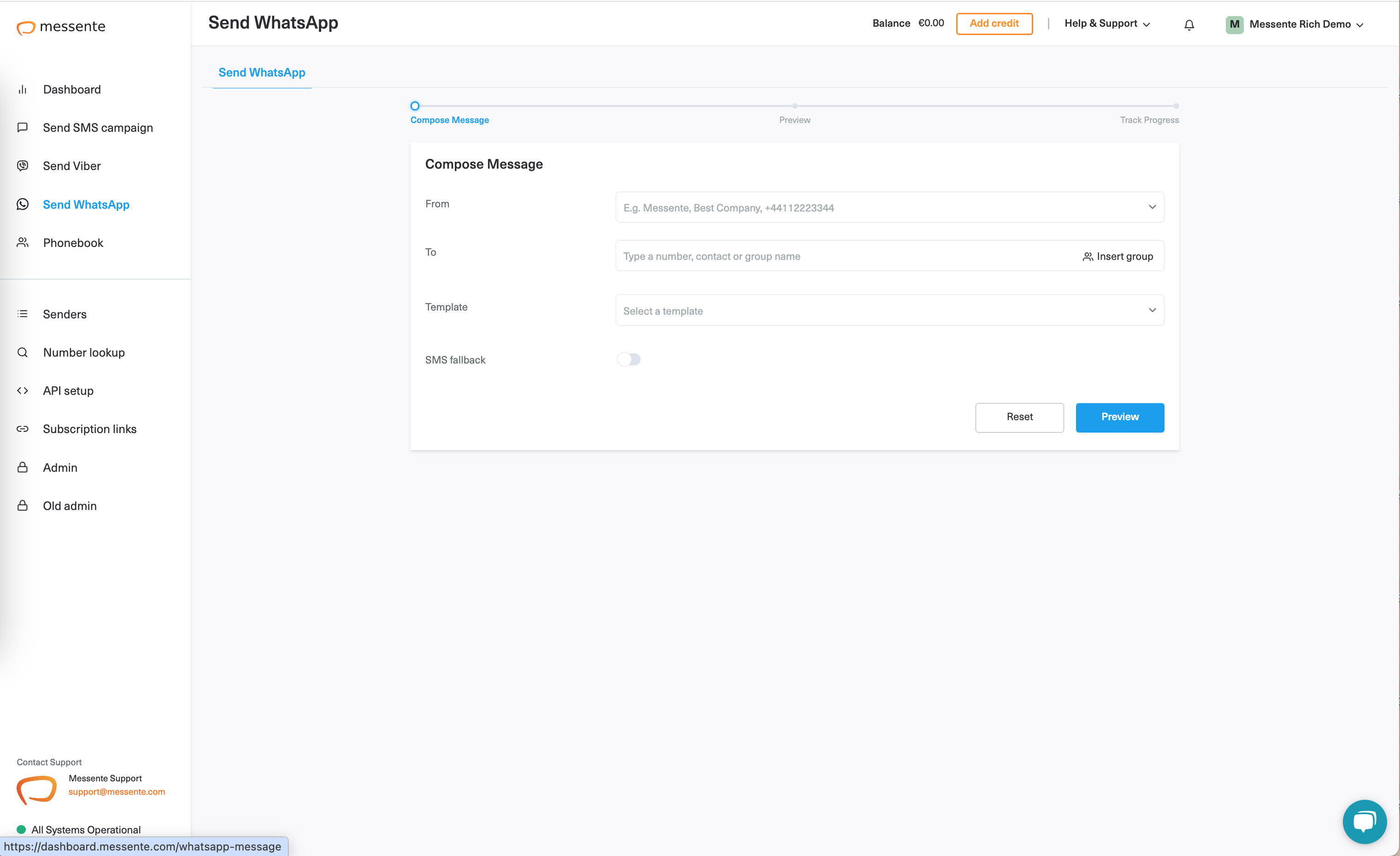 screenshot of Messente