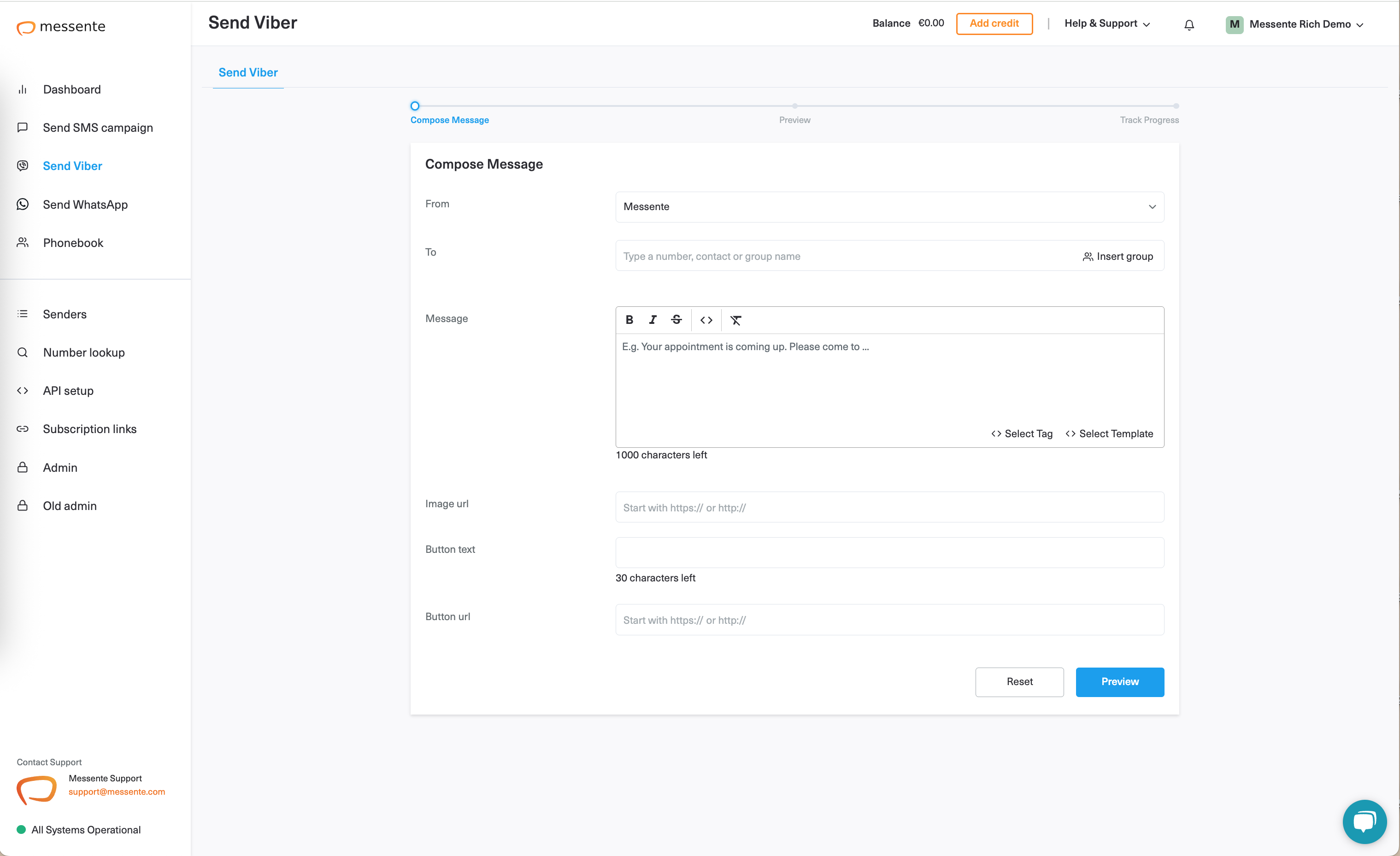 screenshot of Messente