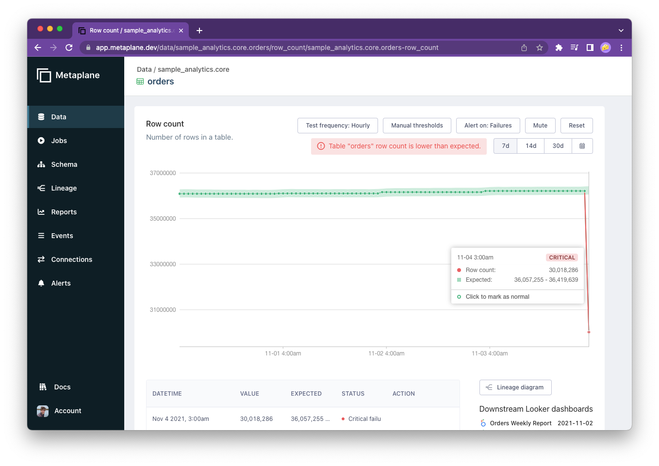 screenshot of Metaplane