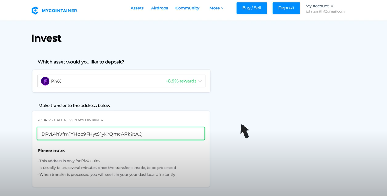 screenshot of MyCointainer