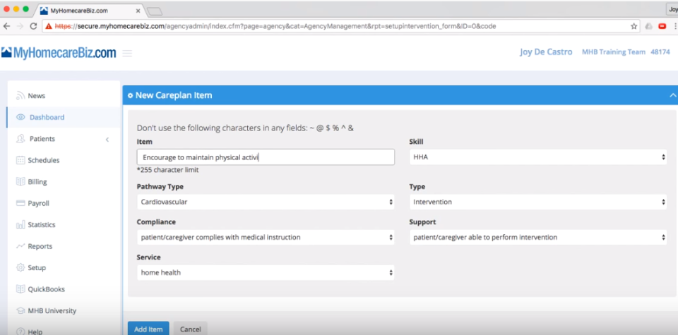 screenshot of MyHomecareBiz