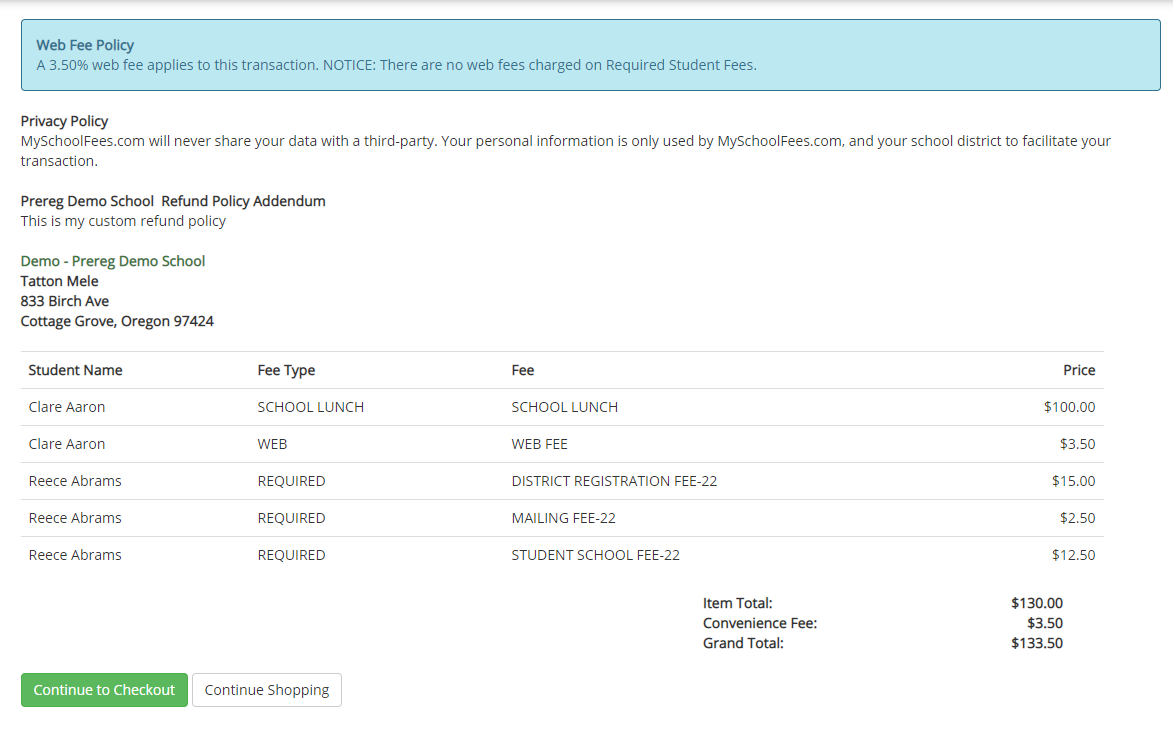 screenshot of MySchoolFees