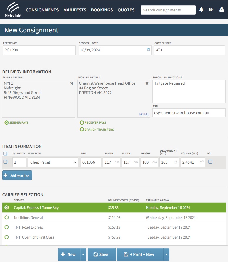 screenshot of Myfreight